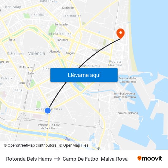 Bulevard Sud - Rotonda Ausiàs March to Camp De Futbol Malva-Rosa map