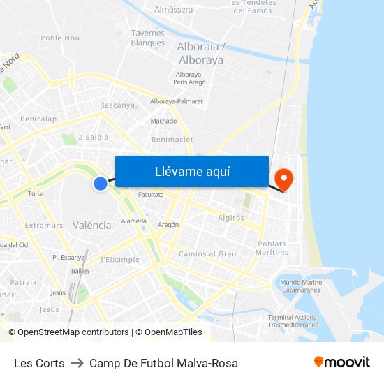 Les Corts to Camp De Futbol Malva-Rosa map
