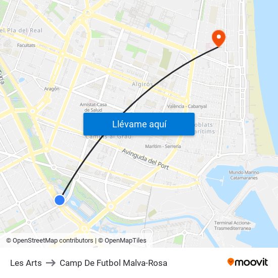 Les Arts to Camp De Futbol Malva-Rosa map