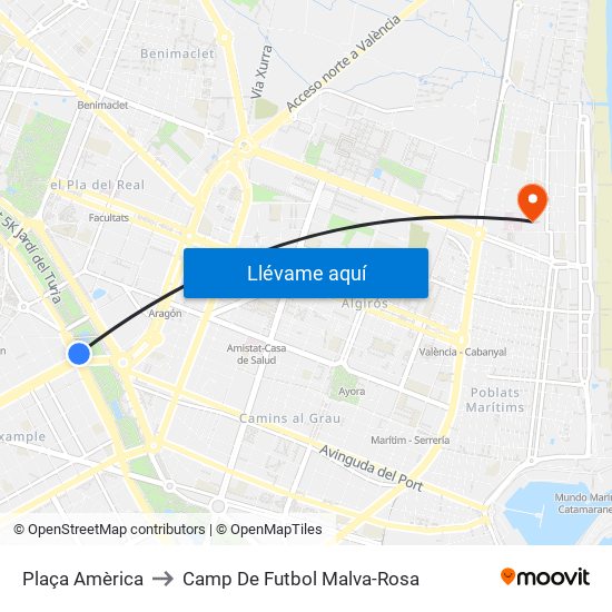 Plaça Amèrica to Camp De Futbol Malva-Rosa map