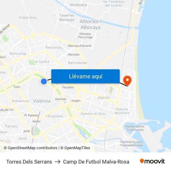 Torres Dels Serrans to Camp De Futbol Malva-Rosa map