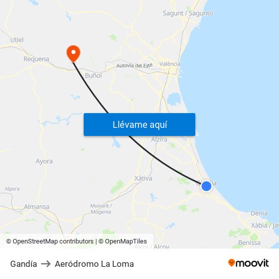 Gandía to Aeródromo La Loma map