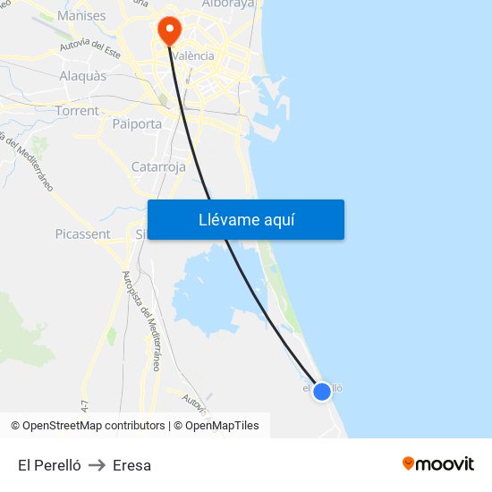 El Perelló to Eresa map