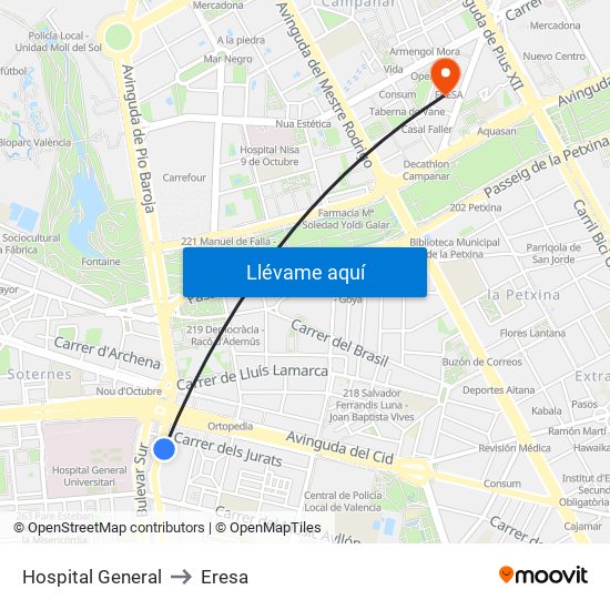 Hospital General to Eresa map