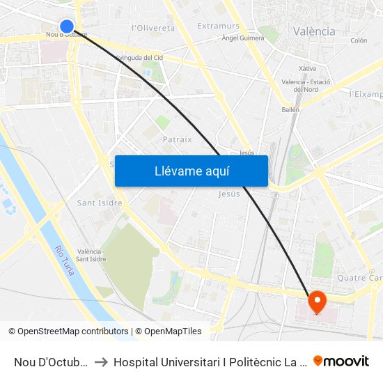 Nou D'Octubre to Hospital Universitari I Politècnic La Fe map