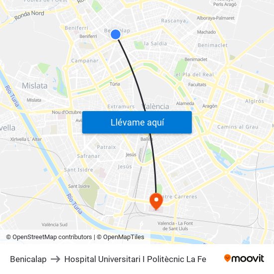 Benicalap to Hospital Universitari I Politècnic La Fe map