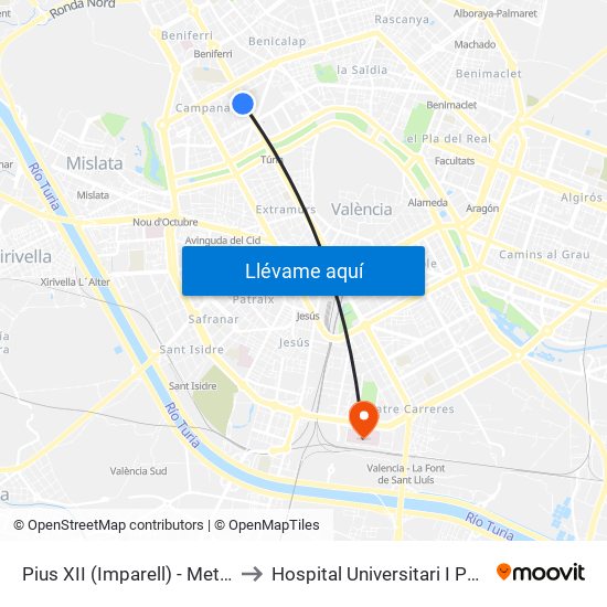 Pius XII (Imparell) - Metro Campanar to Hospital Universitari I Politècnic La Fe map