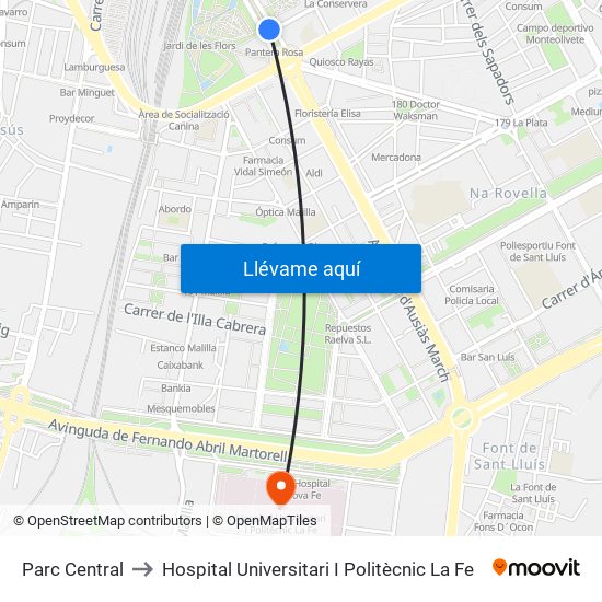 Parc Central to Hospital Universitari I Politècnic La Fe map