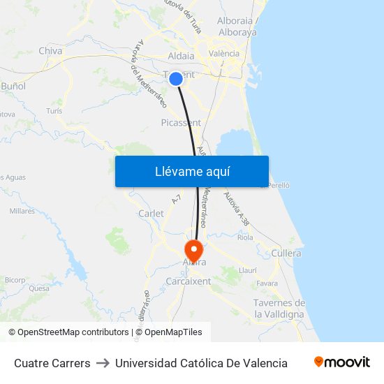 Cuatre Carrers to Universidad Católica De Valencia map