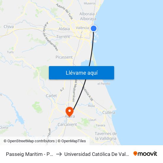 Passeig Marítim - Pavia to Universidad Católica De Valencia map