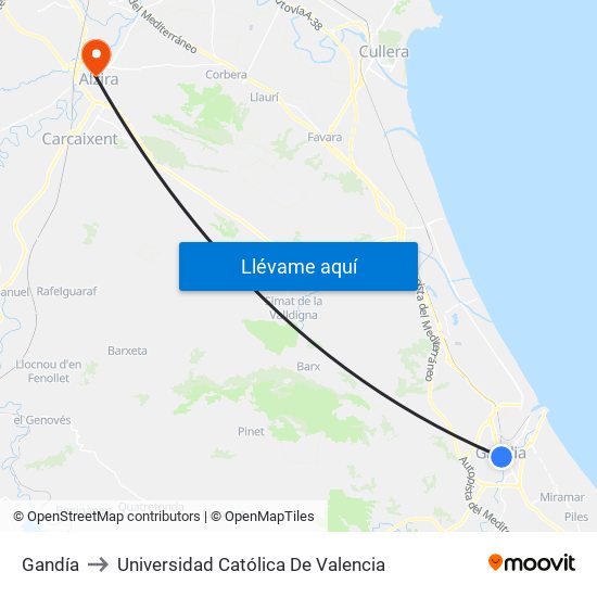 Gandía to Universidad Católica De Valencia map