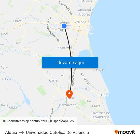 Aldaia to Universidad Católica De Valencia map