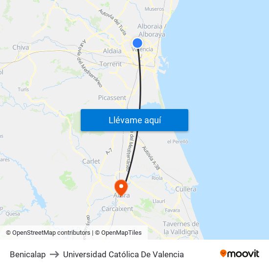Benicalap to Universidad Católica De Valencia map