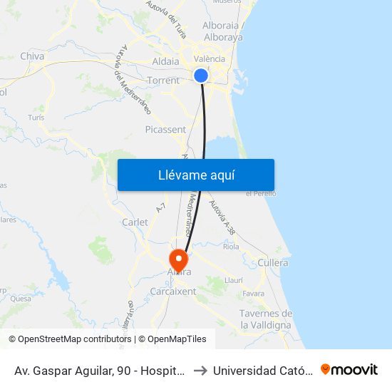 Av. Gaspar Aguilar, 90 - Hospital Doctor Peset [València] to Universidad Católica De Valencia map