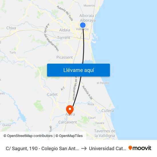 C/ Sagunt, 190 - Colegio San Antonio Abad Salesianos [València] to Universidad Católica De Valencia map