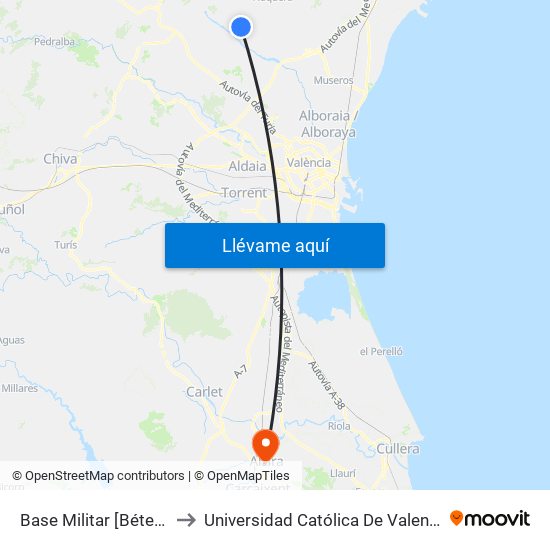 Base Militar [Bétera] to Universidad Católica De Valencia map