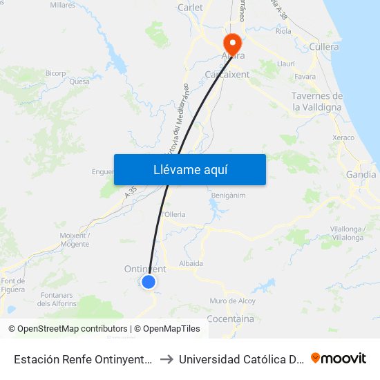 Estación Renfe Ontinyent [Ontinyent] to Universidad Católica De Valencia map