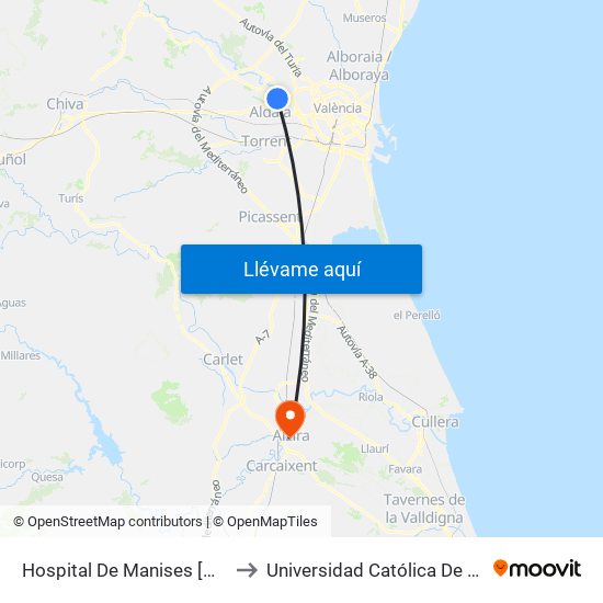 Hospital De Manises [Manises] to Universidad Católica De Valencia map