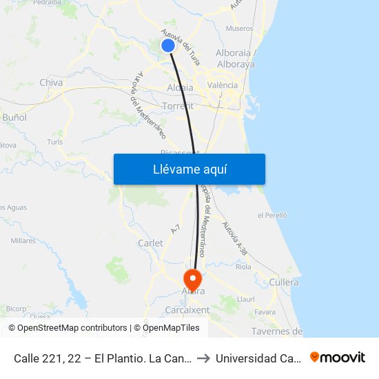 Calle 221, 22 – El Plantio. La Canyada / Fuente Del Jarro [Paterna] to Universidad Católica De Valencia map
