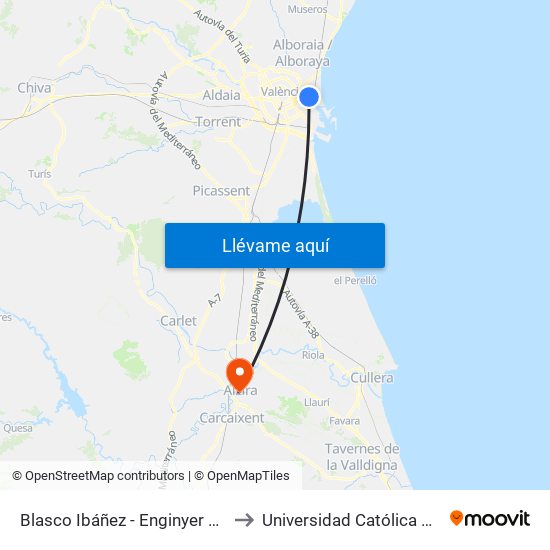 Blasco Ibáñez - Enginyer Rafael Janini to Universidad Católica De Valencia map