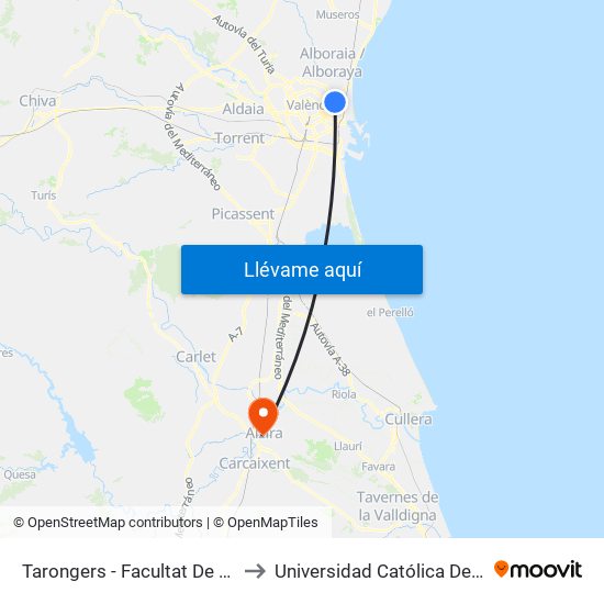Tarongers - Facultat De Magisteri to Universidad Católica De Valencia map
