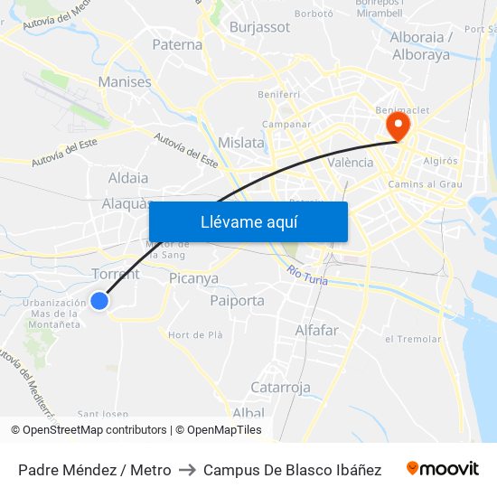 Padre Méndez / Metro to Campus De Blasco Ibáñez map