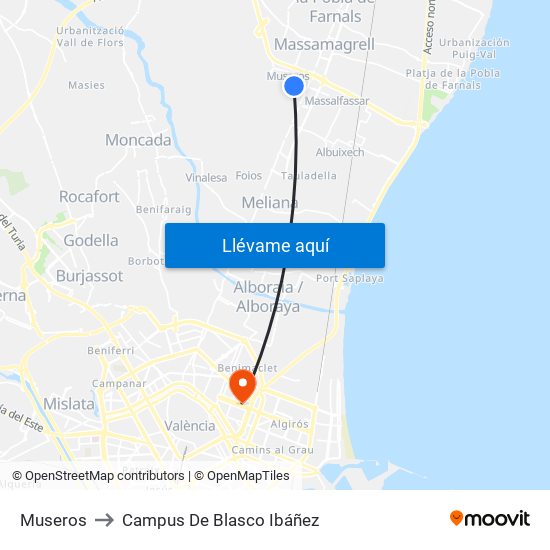Museros to Campus De Blasco Ibáñez map