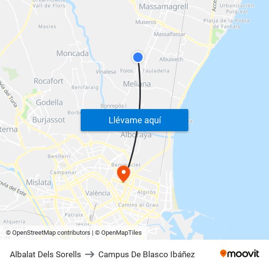 Albalat Dels Sorells to Campus De Blasco Ibáñez map