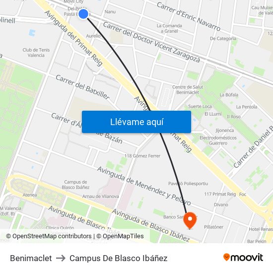 Benimaclet to Campus De Blasco Ibáñez map