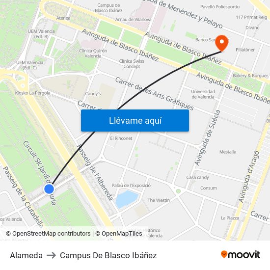 Alameda to Campus De Blasco Ibáñez map