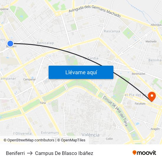 Beniferri to Campus De Blasco Ibáñez map