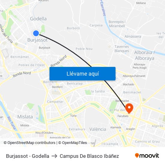 Burjassot - Godella to Campus De Blasco Ibáñez map