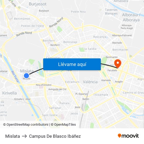 Mislata to Campus De Blasco Ibáñez map