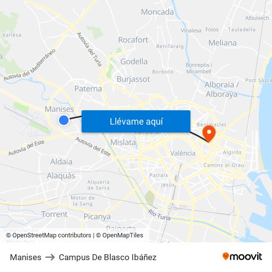 Manises to Campus De Blasco Ibáñez map