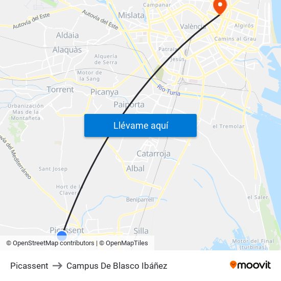 Picassent to Campus De Blasco Ibáñez map
