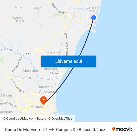 Camp De Morvedre 97 to Campus De Blasco Ibáñez map