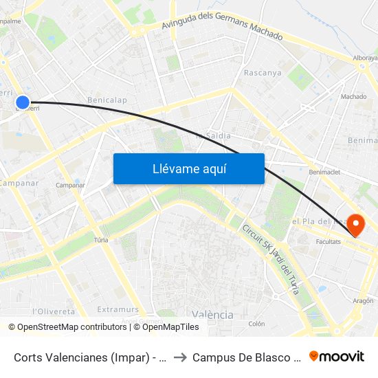 Corts Valencianes (Impar) - La Safor to Campus De Blasco Ibáñez map