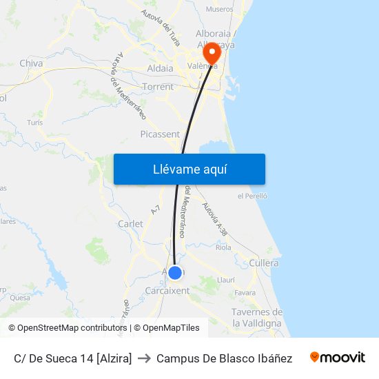 C/ De Sueca 14 [Alzira] to Campus De Blasco Ibáñez map