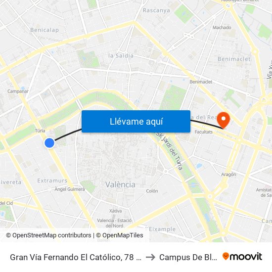 Gran Vía Fernando El Católico, 78 – C/ De Quart [València] to Campus De Blasco Ibáñez map