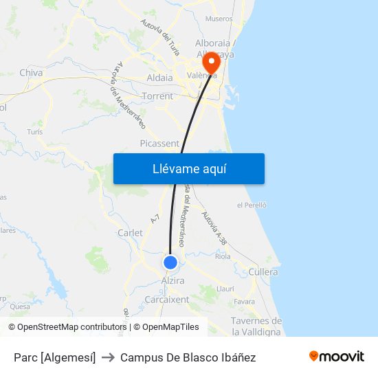 Parc [Algemesí] to Campus De Blasco Ibáñez map