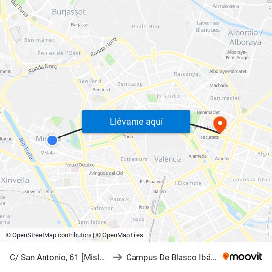 C/ San Antonio, 61 [Mislata] to Campus De Blasco Ibáñez map