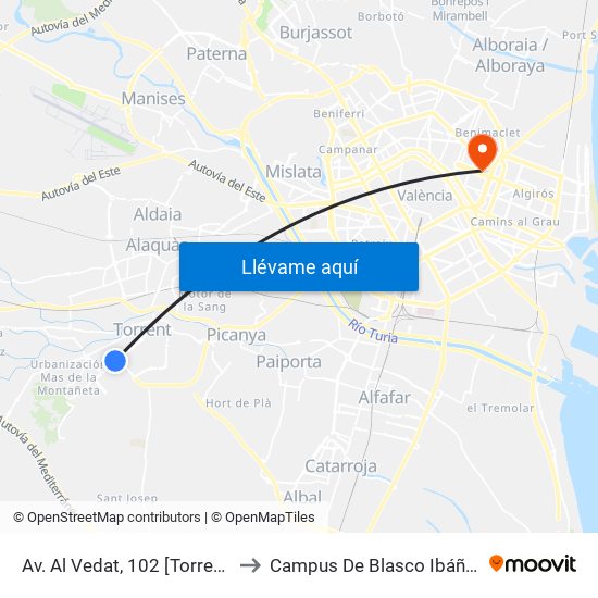 Av. Al Vedat, 102 [Torrent] to Campus De Blasco Ibáñez map
