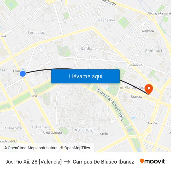 Av. Pío Xii, 28 [València] to Campus De Blasco Ibáñez map