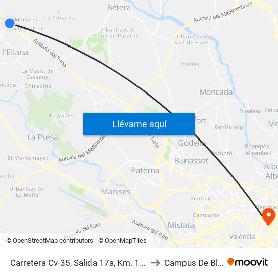 Carretera Cv-35, Salida 17a, Km. 17,5 [La Pobla De Vallbona] to Campus De Blasco Ibáñez map