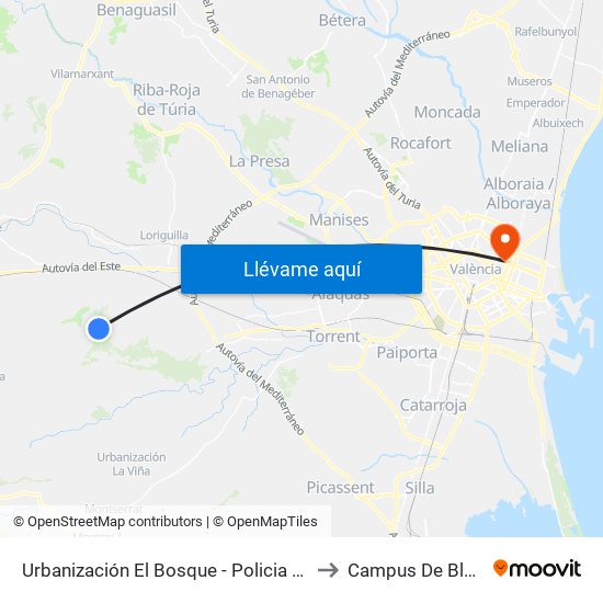 Urbanización El Bosque - Policia Local De Chiva [Chiva] to Campus De Blasco Ibáñez map