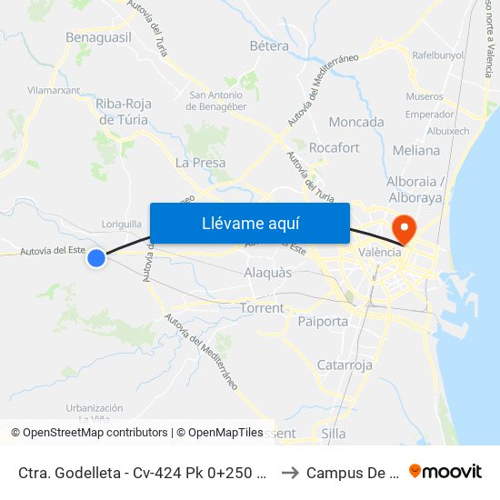 Ctra. Godelleta - Cv-424 Pk 0+250 Descendente - Puente Ave II [Chiva] to Campus De Blasco Ibáñez map