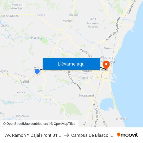 Av. Ramón Y Cajal Front 31 [Chiva] to Campus De Blasco Ibáñez map