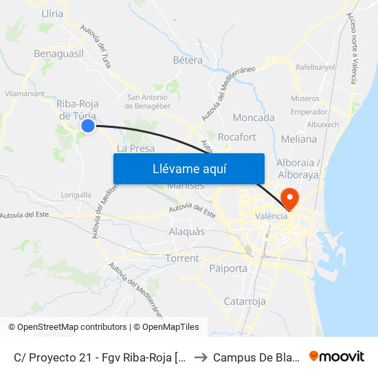 C/ Proyecto 21 - Fgv Riba-Roja [Riba-Roja De Túria] to Campus De Blasco Ibáñez map