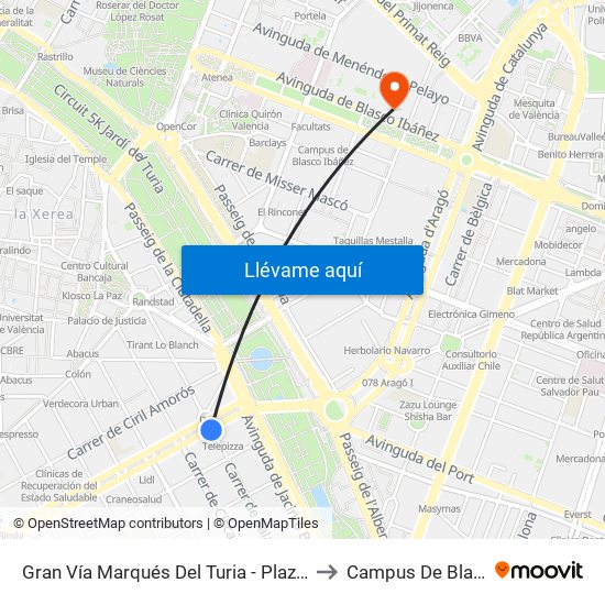 Gran Vía Marqués Del Turia - Plaza Cánovas  [València] to Campus De Blasco Ibáñez map