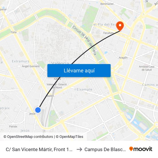 C/ San Vicente Mártir, Front 190  [València] to Campus De Blasco Ibáñez map